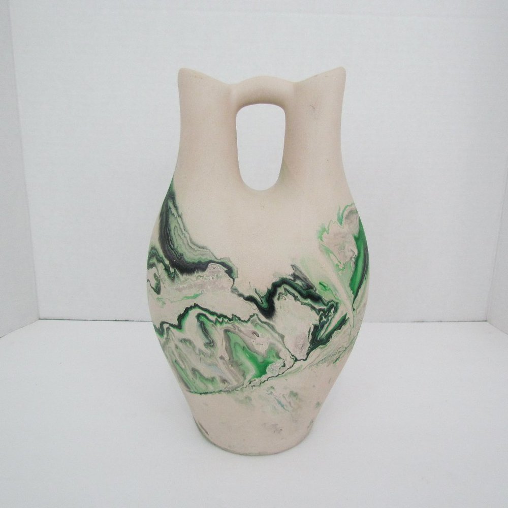 Vintage NEMADJI POTTERY USA Wedding VASE Double Spout Art 10 in Green Black Grey